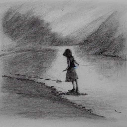 Image similar to girl fishing on the river bank, pencil sketch