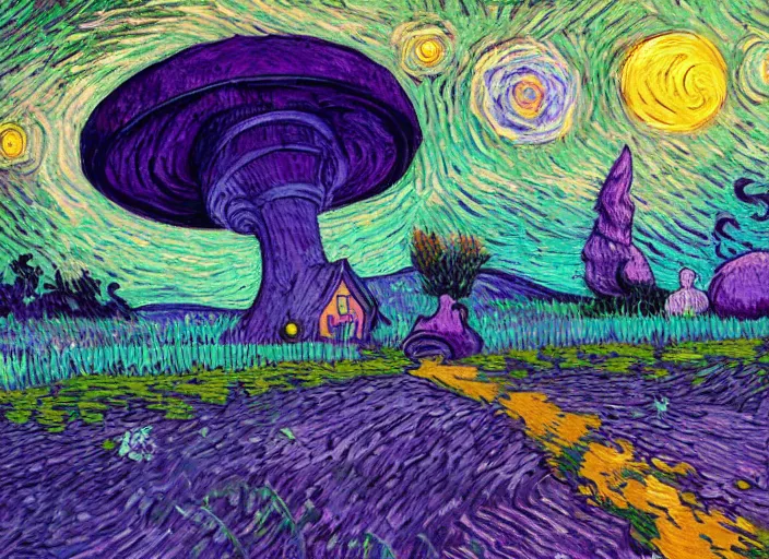 Prompt: detailed painting of a mysterious house inside a giant purple mushroom, mystical dark purple alien landscape at night, dark purple sky, blue bioluminescent life, in the style of studio ghibli and vincent van gogh and claude monet