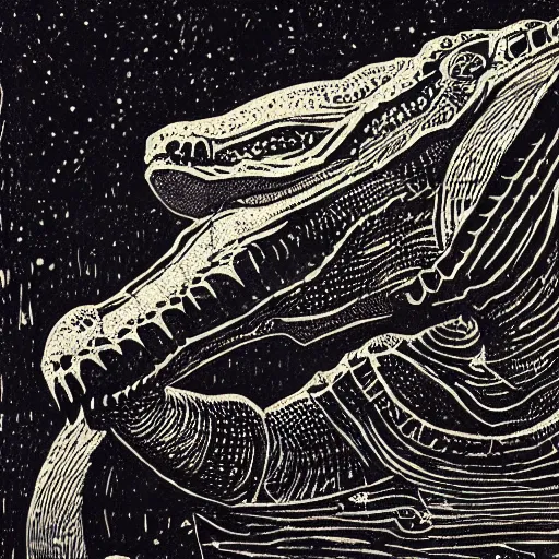 Prompt: Woodcut portrait of a beautiful cute crocodile with robot ears by falling into the stars greg rutkowski, 4k, intricate details