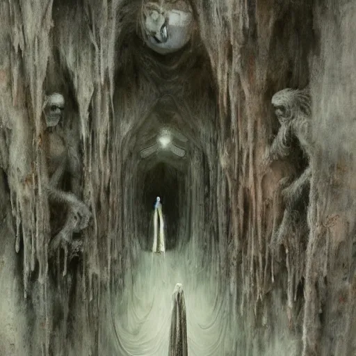 Image similar to painting of a creepy family wearing long robes, intercrossed humans, mixed animal, in a crystal cave, by giger, zdzislaw beksinski, thierry bosch, cold hue's, amazing background, digital art, concept art, animal painting, beautiful composition 3 - d 4 k,