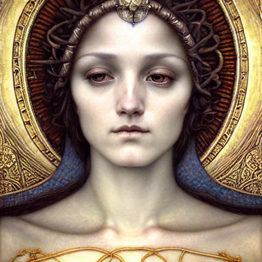 Prompt: detailed realistic beautiful young medieval queen face portrait by jean delville, tom bagshaw, brooke shaden, gustave dore and marco mazzoni, art nouveau, symbolist, visionary, gothic, pre - raphaelite, ornate gilded medieval icon, surreality