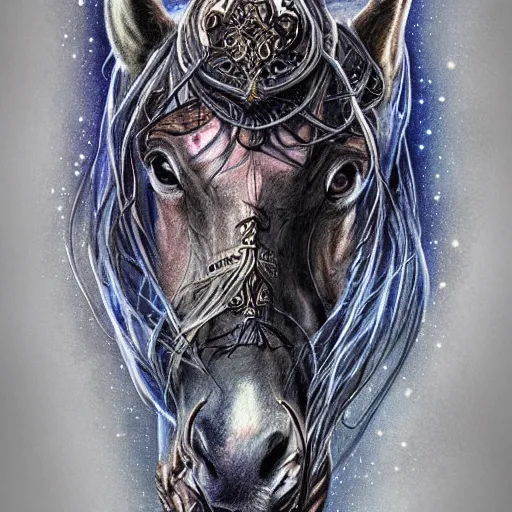 Prompt: a wlop 3 d render of very very very very highly detailed beautiful mystic portrait of a phantom undead horse with whirling galaxy around, tattoos by anton pieck, intricate, extremely detailed, digital painting, artstation, concept art, smooth, sharp focus, illustration, intimidating lighting, incredible art,