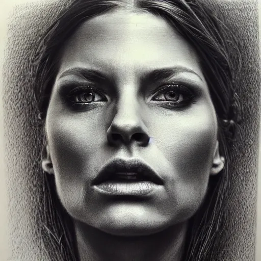 Image similar to painted closeup portrait of intense woman, fierce, fantasy, intricate, elegant, extremely detailed by by chuck close, charcoal on canvas