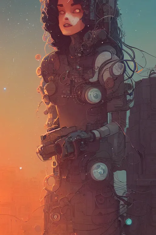 Image similar to highly detailed portrait of sci - fi long curly blue haired lady, stray wiring by atey ghailan, james gilleard, by joe fenton, by greg rutkowski, by greg tocchini, by kaethe butcher, 4 k resolution, gradient red, orange, black and white color scheme!!! ( ( nebula dystopian city spiral background ) )