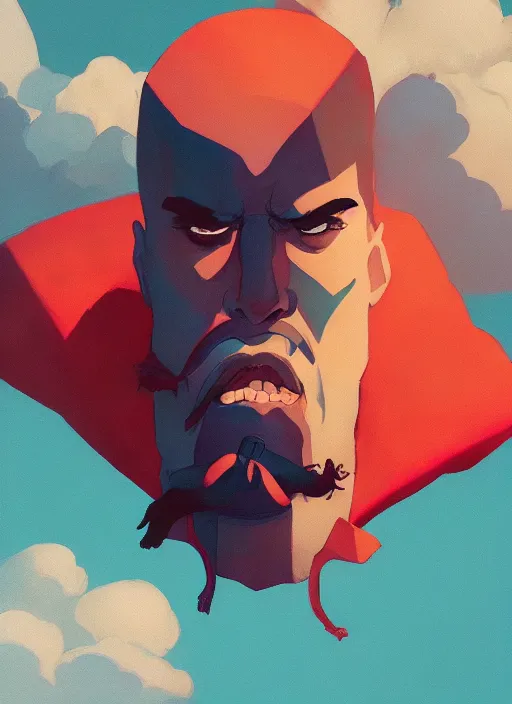 Prompt: head of an uberchad in the sky looking down scornfully on a pile of pillows, heroic, glorious, in the style of artgerm, gerald brom, atey ghailan and mike mignola, vibrant colors and hard shadows and strong rim light, plain background, comic cover art, trending on artstation