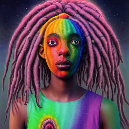 Prompt: a black girl with colorful dreadlocks in a field of candy, by Adi granov and afarin sajedi and amanda sage and evgeni gordiets and Agostino Arrivabene and adonna khare in a psychedelic portrait style, ultrarealistic matte painting, volumetric lighting, fractal, extremely symmetrical, highly detailed face, orisha, 8k, hd