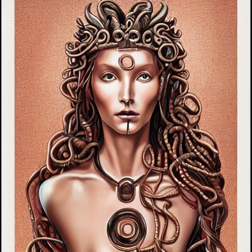 Prompt: symmetrical, detailed portrait color painting of medusa by greg rutowski, rose gold tones, priestess, full body