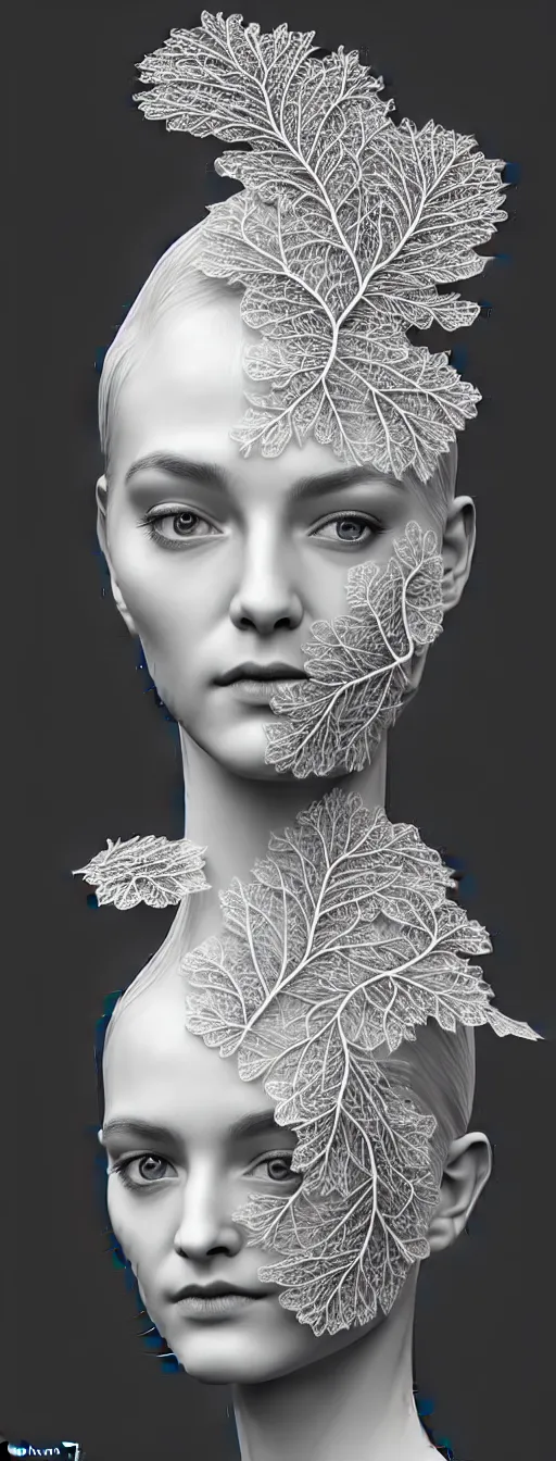 Image similar to complex 3d render ultra detailed of a beautiful porcelain profile woman face, black eyes, vegetal dragon cyborg, 150 mm, beautiful natural soft light, rim light, silver vanilla details, neural network, synapsis, magnolia big leaves and stems, roots, fine foliage lace, maze like, mesh wire, hyperrealistic, ultra detailed, mandelbrot fractal, anatomical, white metal neocubism armor, facial muscles, cable wires, microchip, elegant, octane render, black and white, H.R. Giger style