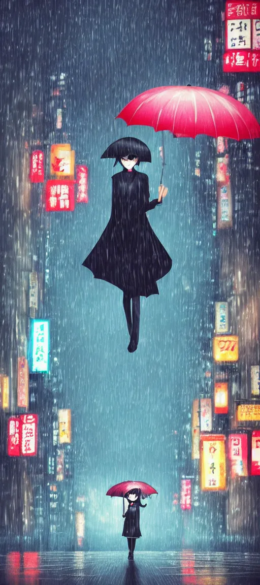 Image similar to beautiful drawing style, girl holding umbrella, contrast, visible rain, vaporware cartoon japan background, kawaii rainy gloomy, rainy night