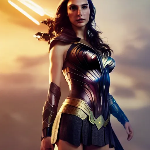 Prompt: a potrait of Gal Gadot as Kryptonian with full armory by Greg Rutkowski, Sung Choi, Mitchell Mohrhauser, Maciej Kuciara, Johnson Ting, Maxim Verehin, Peter Konig, Zack Snyder, 8k photorealistic, cinematic lighting, HD, high details, dramatic, trending on artstation, full body shot