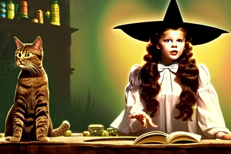 Prompt: close up portrait, dramatic lighting, teen witch calmly pointing a magic wand casting a spell over a large open book on a table with, short hair, cat on the table in front of her, sage smoke, a witch hat cloak, apothecary shelves in the background, still from the wizard of oz and peter pan