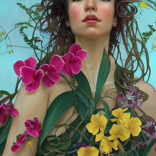 Image similar to a beautiful fine art portrait photo of a resting cyborg, wavy hair spread out, surrounded by hibiscus, daffodils, moth orchids, montsera leaves by alphonse mucha and zach sutton, soft lighting, very detailed, deep depth of field, artstation, 4K