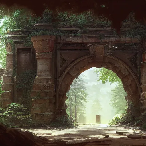 Image similar to concept art painting of an ornate ancient stone archway, in the woods, realistic, detailed, cel shaded, in the style of makoto shinkai and greg rutkowski and james gurney