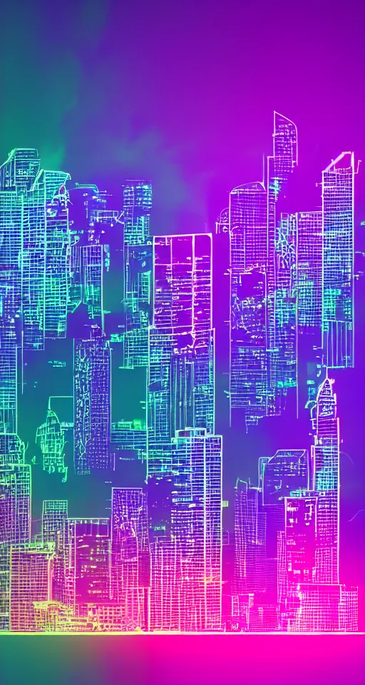 Image similar to city skyline, neon lights, glow, retrowave style