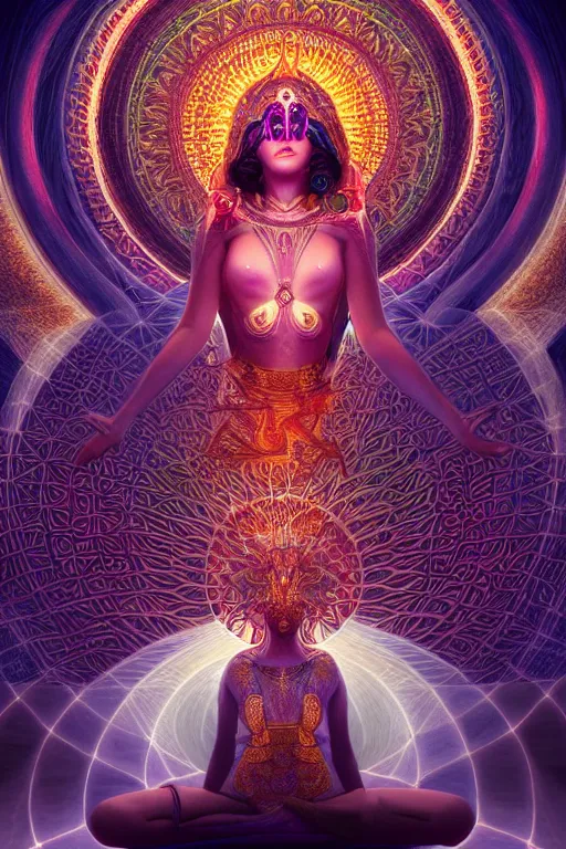 Image similar to a centered render of an alluring goddess wearing a psychedelic mask surrounded by a glorious sacred energy made from geometry and spiral mandel bulb fractals in a majestic temple, powerful, cinematic, beautifully lit, by artgerm, by karol bak, 3 d, trending on artstation, octane render, 8 k