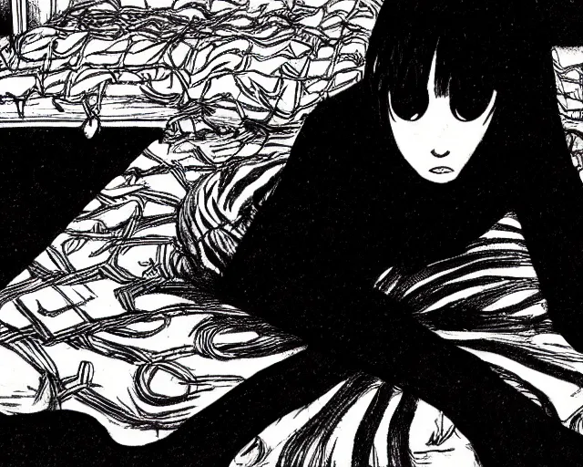 Image similar to junji ito's 'there's a large, black, shadowy cat under the bed', full width, zoomed out