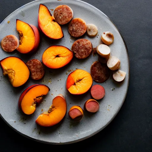 Prompt: a plate of breakfast foods containing sliced peaches and sausage linked, food photography, hyperdetailed