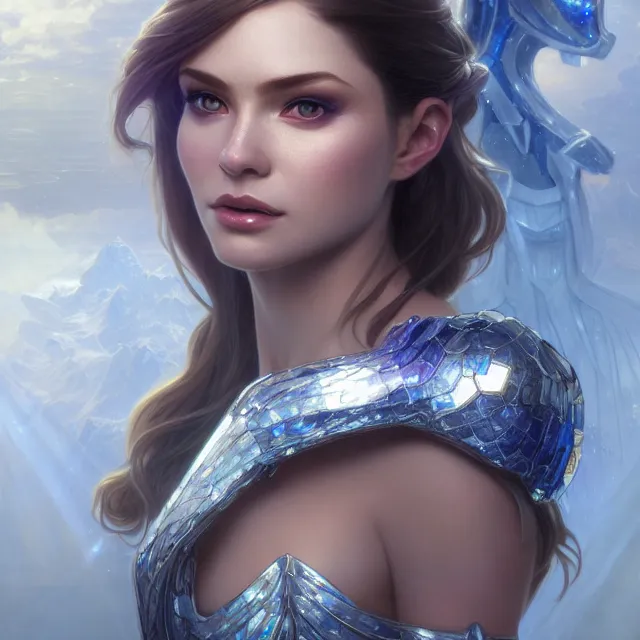 Prompt: close up portrait of a beautiful fantasy female ice warrior wearing shiny crystal armor, subsurface scattering, ethereal, artistic, ice palace background with light rays, fantasy atmosphere. art by artgerm, greg rutkowski and alphonse mucha, 3 d artstation octane render,