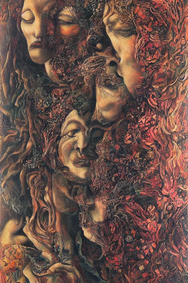 Prompt: extreme closeup floral portrait of a single man and woman by wojciech siudmak and ernst fuchs, oil on canvas