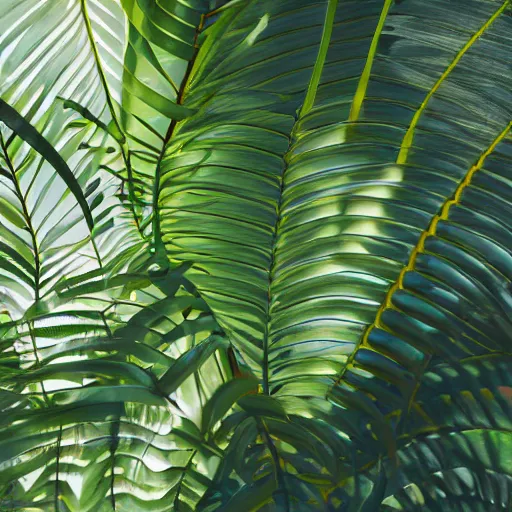 Image similar to an ultra high definition professional studio quality photograph of a ( ( ( ( ( ( transparent iridescent ) ) ) ) ) ) perspex pastel coloured jungle leaves on a plant in an empty white room. dramatic lighting, ray tracing, refraction, shallow d. o. f, colour corrected, golden ratio, three point light. volumetric shadows. god rays.