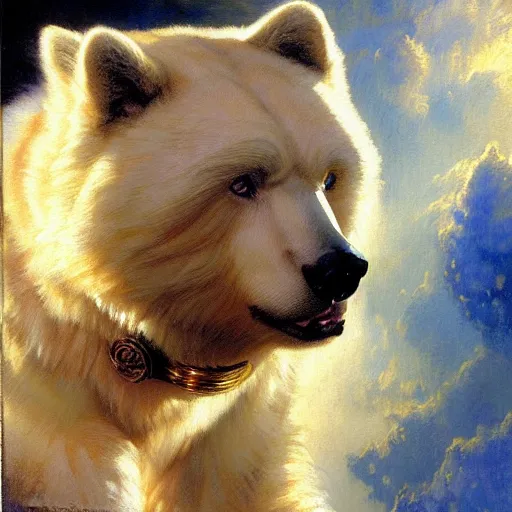 Prompt: a portrait of a manly bear dog white cat feline, blue eyes, star trek the next generation. highly detailed painting by gaston bussiere, craig mullins, j. c. leyendecker, furry