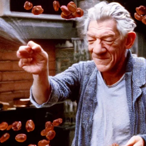 Image similar to film still of ian mckellen, baked beans raining from the sky