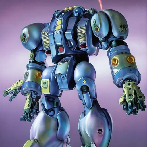 Image similar to tentacled combat mecha, gouf evangelion, bismuth mechanical exoskeleton wearing hardsurface armour holding scifi weapons, gouf mobile suit, by don maitz, rob gonsalves, chihuly, trending on artstation # chihuly # evagelion # scifi mech