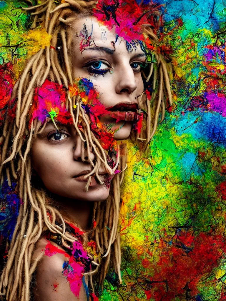 Image similar to a stunningly beautiful woman with blonde dreadlocks, in the style of artur bordalo, in a fractal environment