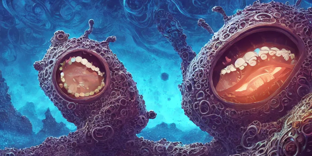 Image similar to of an intricate deep sea with strange cute friendly happy creatures with huge eyes, long tongue, round teeth and goofy funny face, appearing from the background, in the style of gehry and gaudi, macro lens, shallow depth of field, ultra detailed, digital painting, trending artstation, concept art, illustration, cinematic lighting, photorealism, epic, octane render