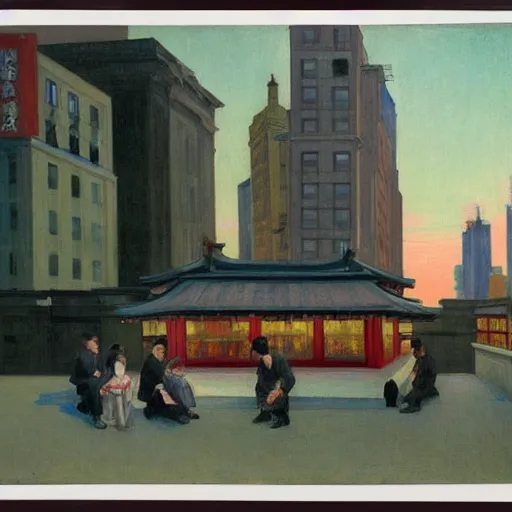 Image similar to a small rooftop with company of people sitting, shanghai bund is on the background, night, by edward hopper