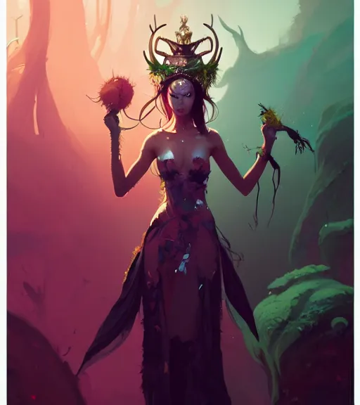 Prompt: portrait of a beautiful queen of the moss with two horns in complex and shiny dress made by leather, by ross tran and atey ghailan, by greg rutkowski, by greg tocchini, by james gilleard, by joe fenton, by kaethe butcher, dynamic lighting, grunge aesthetic