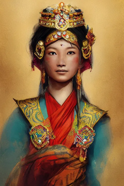 Image similar to Tibetan princess, gorgeous, close-up portrait, intricate, elegant, volumetric lighting, scenery, digital painting, highly detailed, artstation, sharp focus, illustration, concept art, ruan jia, steve mccurry