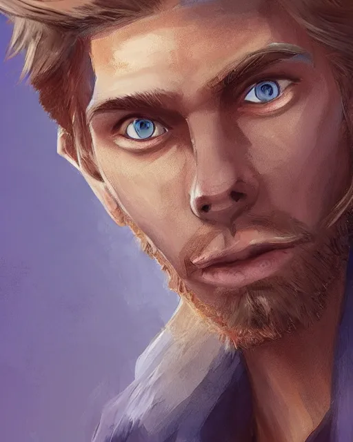 Prompt: digital portrait of a skinny european male, slightly longer blond hair and a light stubble beard, wearing a light blue shirt, blue eyes, rugged, teenage no, fantasy, wizard, trending artstation, dungeons & dragons, relaxed expression, dark lighting, high detail