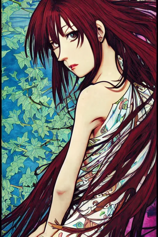 Image similar to Stylish Kurisu Makise tonemapped in the style of Ayami Kojima and Alphonse Mucha