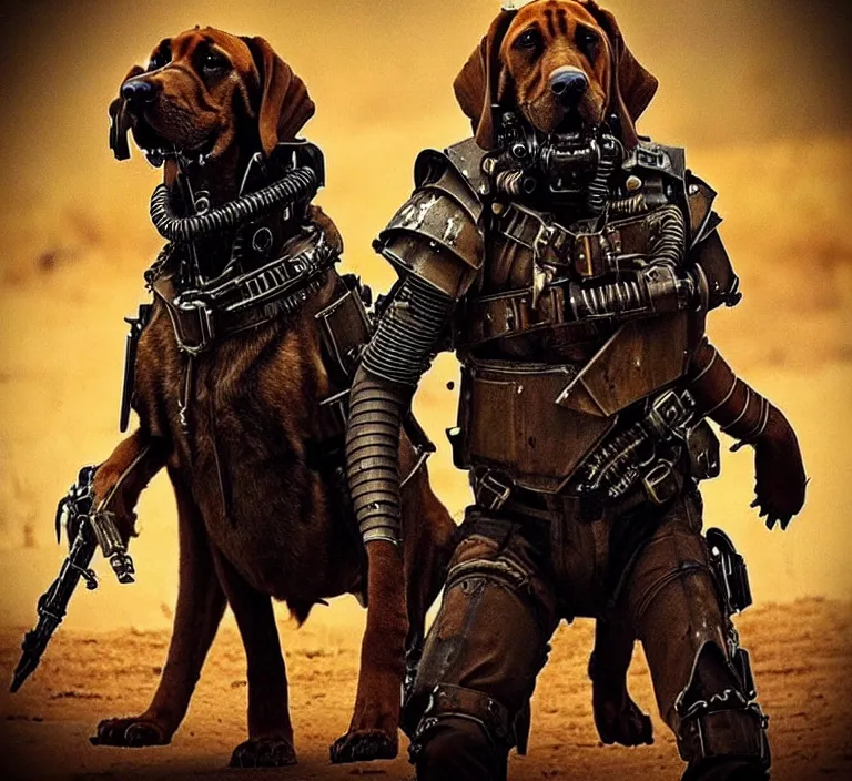 Image similar to a good ol'bloodhound pup fursona ( from the furry fandom ), heavily armed and armored facing down armageddon in a dark and gritty version from the makers of mad max : fury road. witness me.