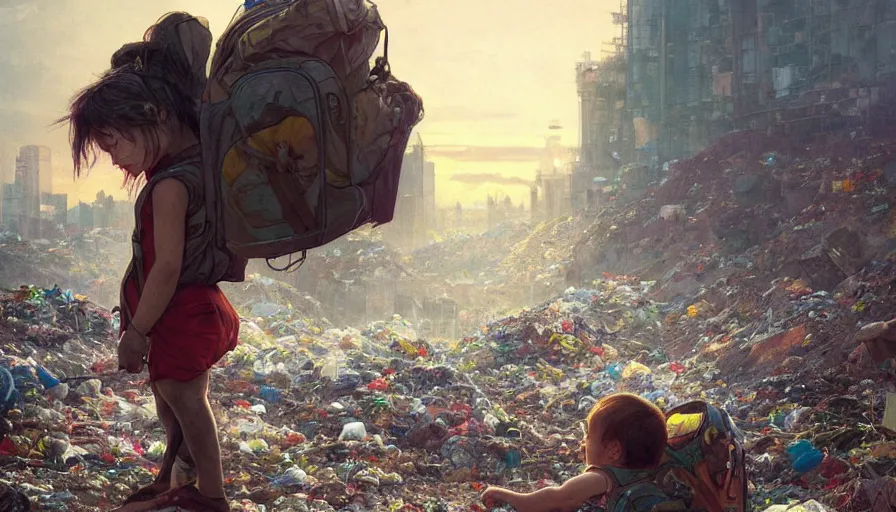 Image similar to poor detailed child with backpack looking for food at garbage dump, city is pure wasteland, sunset in background, greg rutkowski, alphonse mucha, trending on artstation, artgerm, breathtaking, sharp focus, smooth, mark arian, award winning, highly detailed 4 k art