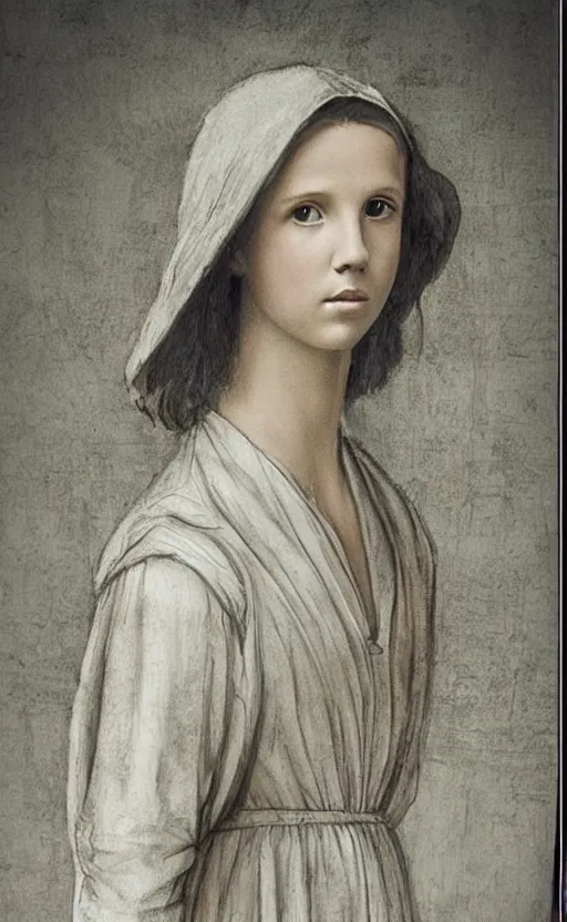 Prompt: millie bobby brown painted by leonardo da vinci and rossdraws