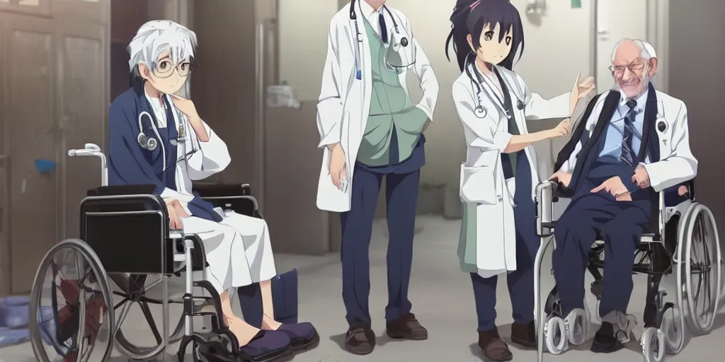 Image similar to a cute young female doctor wearing white coat, an old man of 80 years in a wheelchair, hospital ward, slice of life anime, cinematic, realistic, anime scenery by Naoshi Arakawa:8 and Makoto shinkai