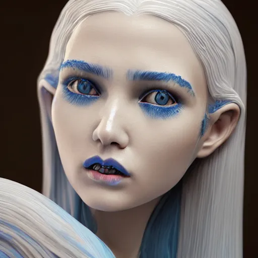 Prompt: 3 d render, hyper detailed, realistic female face and shoulders as a painted porcelain statue, with ornate blue willow pattern, white hair, fine facial features, white eyes and eyelashes, 8 k, 1 5 0 ml lens, elegant, white background, octane render, volumetric lighting, by carlos ortega elizalde and yomagick