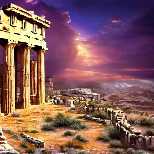 Image similar to Cinematic view of ancient fantasy walls with greek architecture surrounded by vast desert; fantasy art