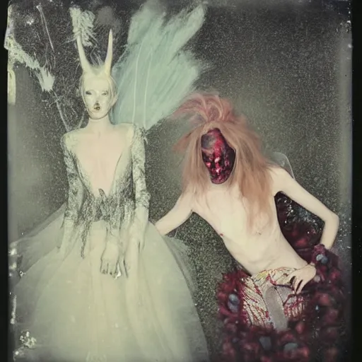 Image similar to damaged kodak portra 4 0 0, wetplate, photo of a surreal artsy dream scene,, very beautiful model, weird fashion, grotesque, extravagant dress, strange pose, carneval, with an animal, wtf, photographed by paolo roversi style