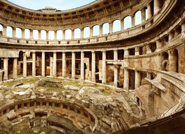 Image similar to inside an incredible ancient Roman megastructure that looks like it keeps going on forever, digital art