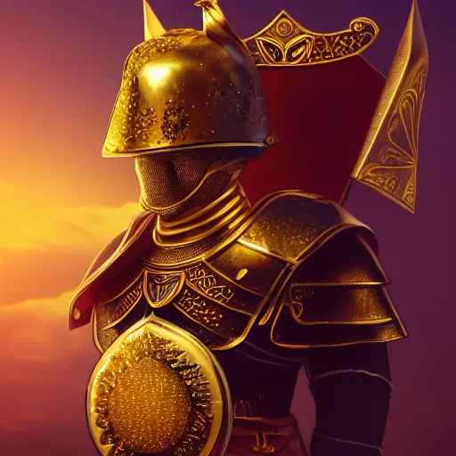 Image similar to a highly detailed knight in a golden helmet and a golden crown with a diamond in the center, glowing purple eyes, golden armor, leather clothes under the armor, leather gloves, holds a black sword, artstation, DeviantArt, professional, octane render, sunset lighting