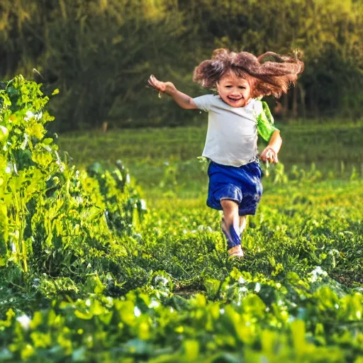 Prompt: a child with a runny nose and sauerkraut arms running over peas