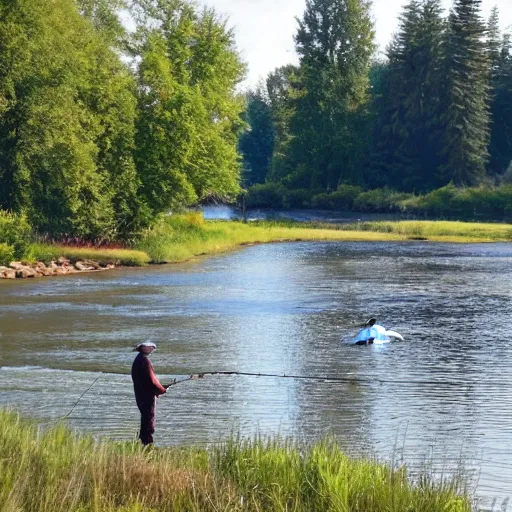 Prompt: a man fishing into a river with trees and a sci - fi containment building in the background, a sense of hope and optimism, monumental, harsh sunlight