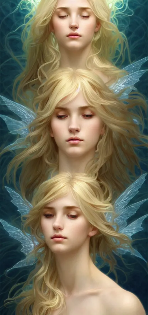 Prompt: perfect feminine face meditation!! murky underwater atmosphere, wind blowing, full body portrait of young fairy goddess blessed by nature, physical mental perfection, blonde, symmetrical! intricate, sensual, highly detailed, biblical divine holy perfection!! digital painting, artstation, concept art, smooth, sharp focus, by artgerm and greg rutkowski and alphonse mucha