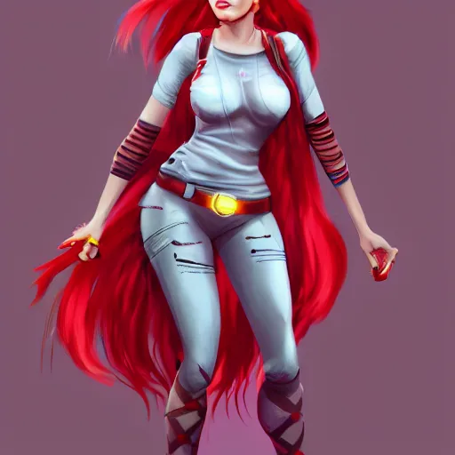 Image similar to a woman wearing a geeky outfit, full body shot, red hair, highly detailed, digital painting, artstation, concept art, smooth, sharp focus, illustration