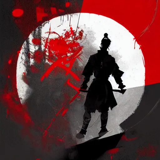 Image similar to artwork by Craig Mullins and Russ Mills and SPARTH showing a samurai in front of a red circle