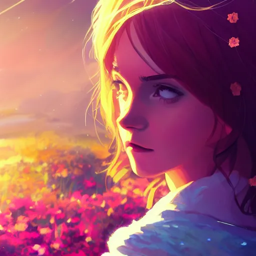 Image similar to portrait of Emma Watson as Hermione, dressed as Cleopatra, field of flowers background, rich vivid colors, ambient lighting, dynamic lighting, 4k, HQ, anime key visual, makoto shinkai, ilya kuvshinov, lois van baarle, rossdraws, detailed, trending on artstation