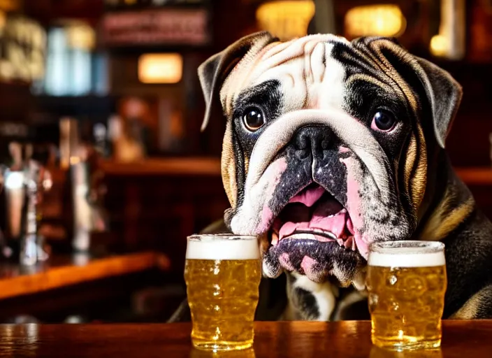 Image similar to a closeup, 4 5 mm, detailed photograph of a english bulldog holding a beer on a bar - stool, sitting at a bar on a bar - stool, beautiful low light, 4 5 mm, by franz lanting